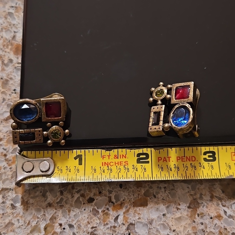 Chico's Vintage 1980s Clip-On Earrings with Blue and Red Green Stones In Brozen - Picture 12 of 16